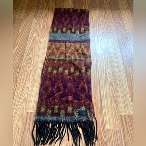 Vintage Wool Aztec Pattern Scarf with Fringe Brown Multicolor Boho